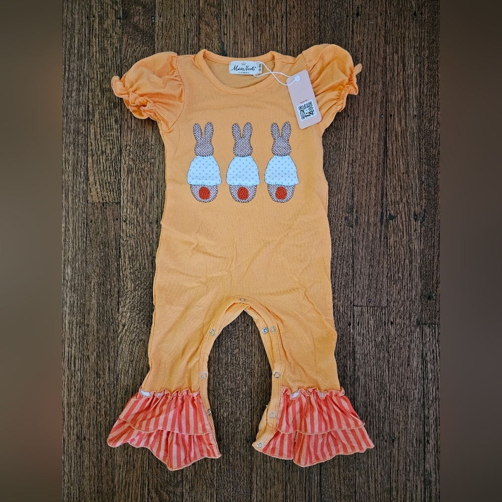 Marie Nicole Orange Bunny Ruffle Romper Sz 12-18M - Picture 2 of 4